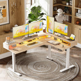 TIQLAB 63'' L-Shaped Standing Desk with LED Light Strip and Power Outlet, Height Adjustable Corner Table with Ergonomic Monitor Stand, Light Walnut TIQLAB