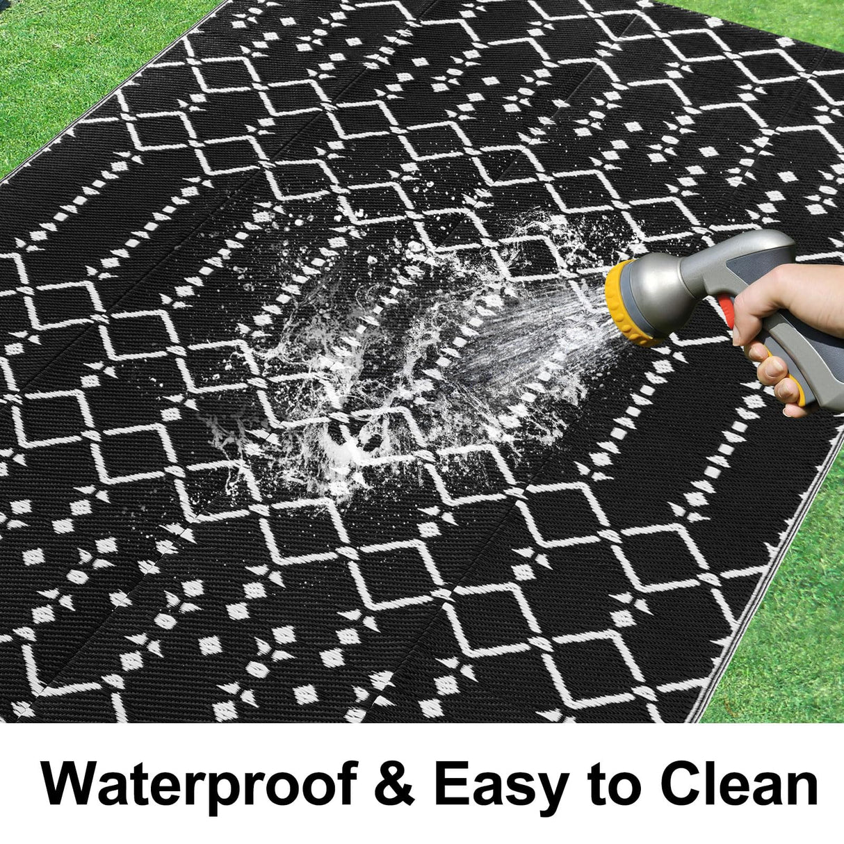 Smiry Outdoor Rug 5x8 ft, Waterproof Reversible Plastic Straw Rugs, Boho Outdoor Area Rug, Outside Floor Mat for Patio, Backyard, Deck, Picnic, Beach, Camping, Black Smiry