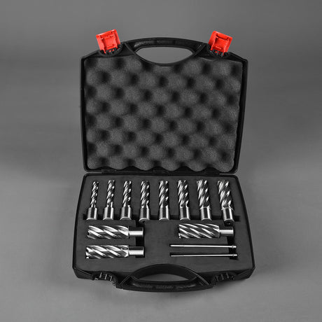Annular Cutter Set 13 pcs JESTUOUS 3/4 Inch Weldon Shank 2 Cutting Depth and Cutting Diameter from 7/16 to 1-1/16 for Drill Press HSS Standard Kit Two Flat with 2 Pilot Pins JESTUOUS