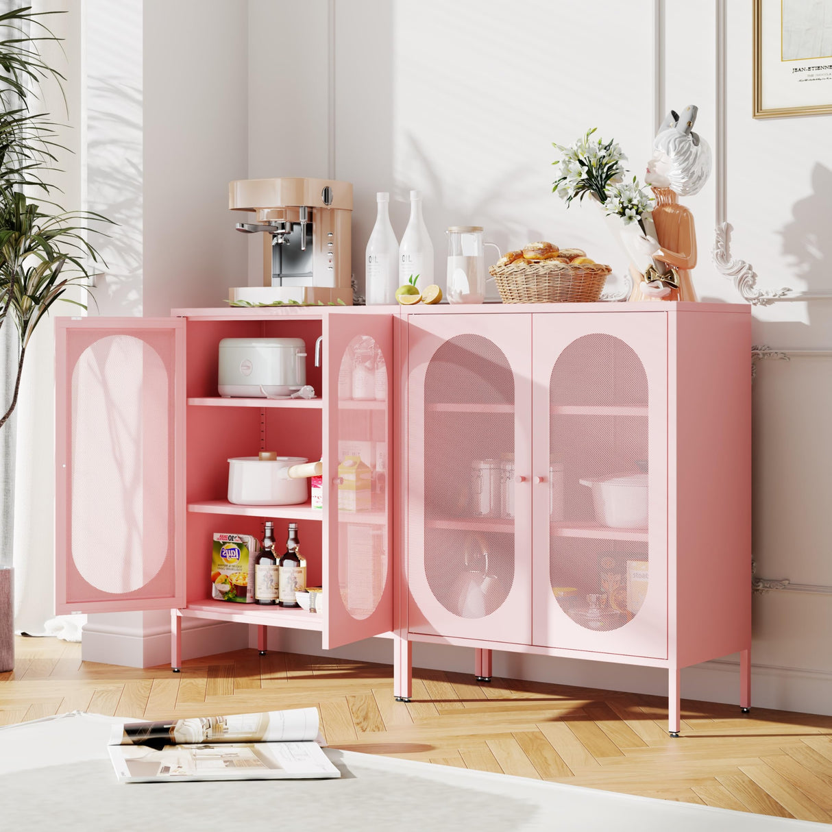 Fumedo 2 Mesh Door Metal Storage Cabinet for Bed Room,Living Room,Home,Hotel,Office,Garage,Kitchen,3-Tier,2 Removable Shelves (Mesh Door Cabinet, Pink) Fumedo