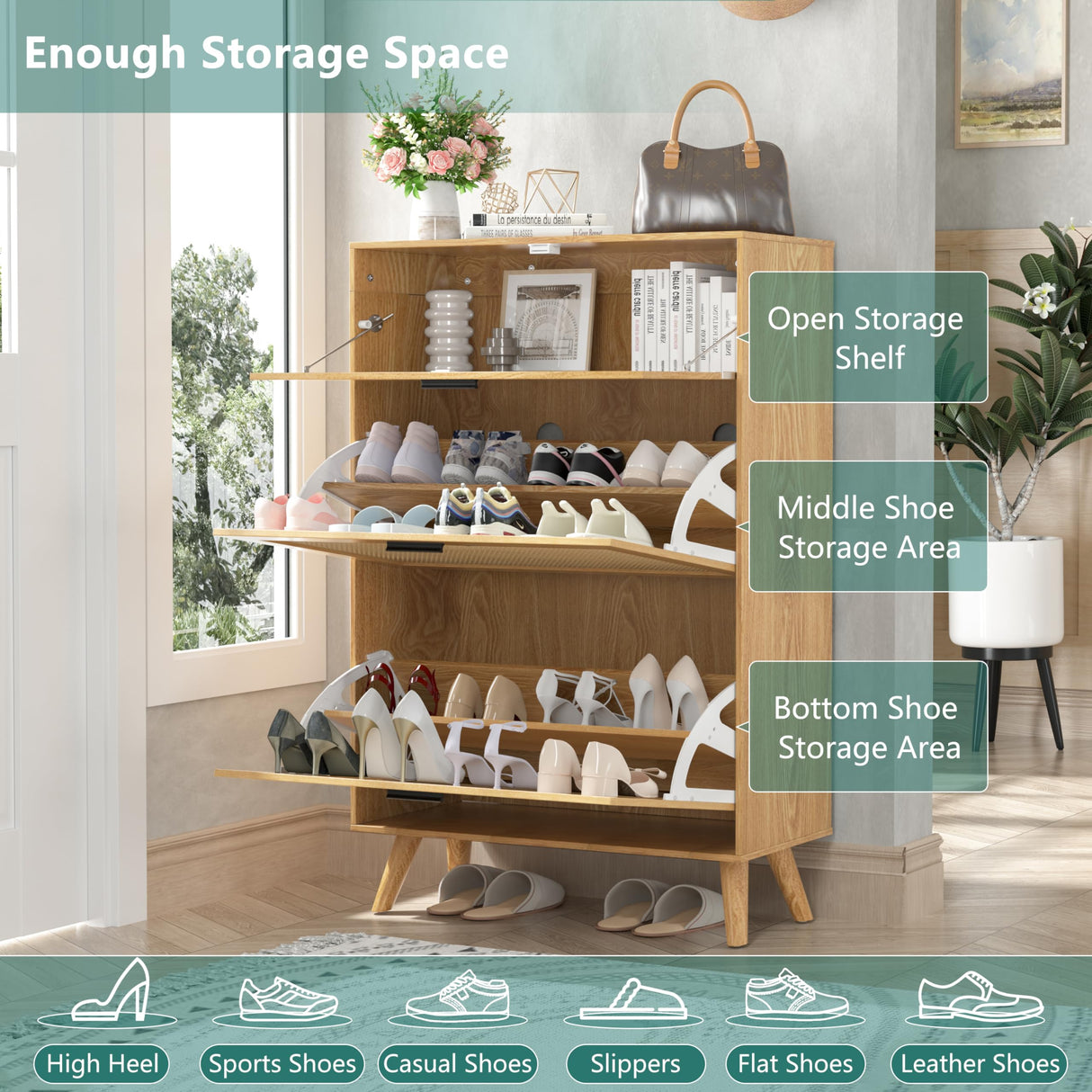 TOLEAD Rattan Shoe Storage Cabinet, Freestanding Shoe Rack Cabinet with 2 Flip Drawers & Wood Legs, Slim Shoe Organizer Cabinet for Entryway TOLEAD