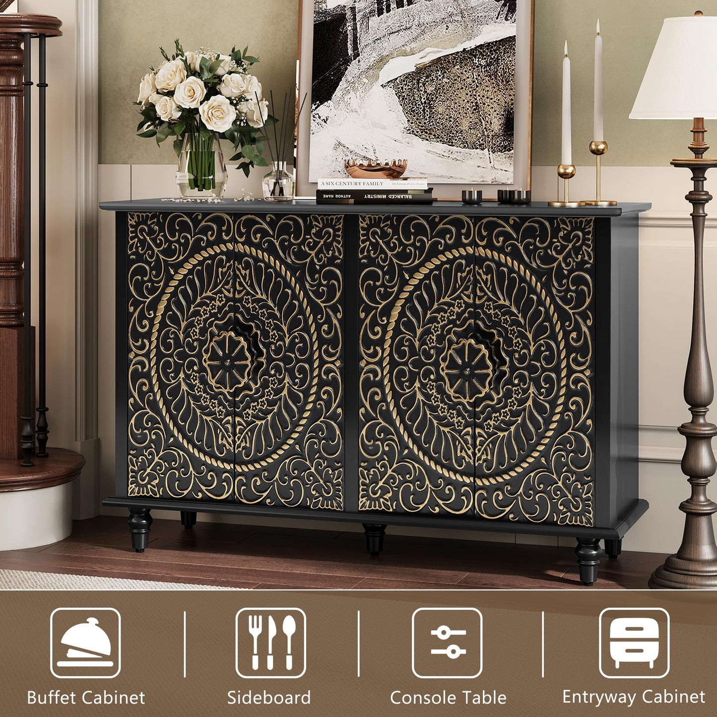 ARTPOWER Black Sideboard Buffet Cabinet with 4 Doors, Accent Decorative Storage Cabinet with Carved Flower Pattern, Wood Credenza Cabinet with storage for Hallway, Living Room, Kitchen, Dinin - WoodArtSupply