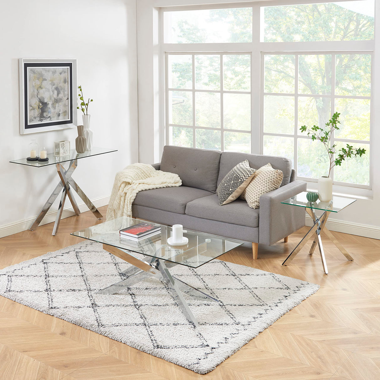 Modern Style Console Table Narrow Sofa Table with Tempered Glass Top and Metal Tubular Legs, 45" Lx18 Wx30 H, Silver Edwin's Choice