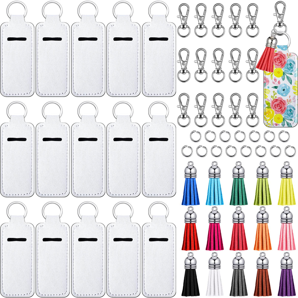 Jetec Sublimation Lipstick Holder Set Include 15 Pieces Blank Lipstick Keychain Holder 15 Pieces Colorful Keychain Tassels 15 Pieces Swivel Snap Hooks and 15 Pieces Jump Rings for Lipstick, Lip Balm Jetec