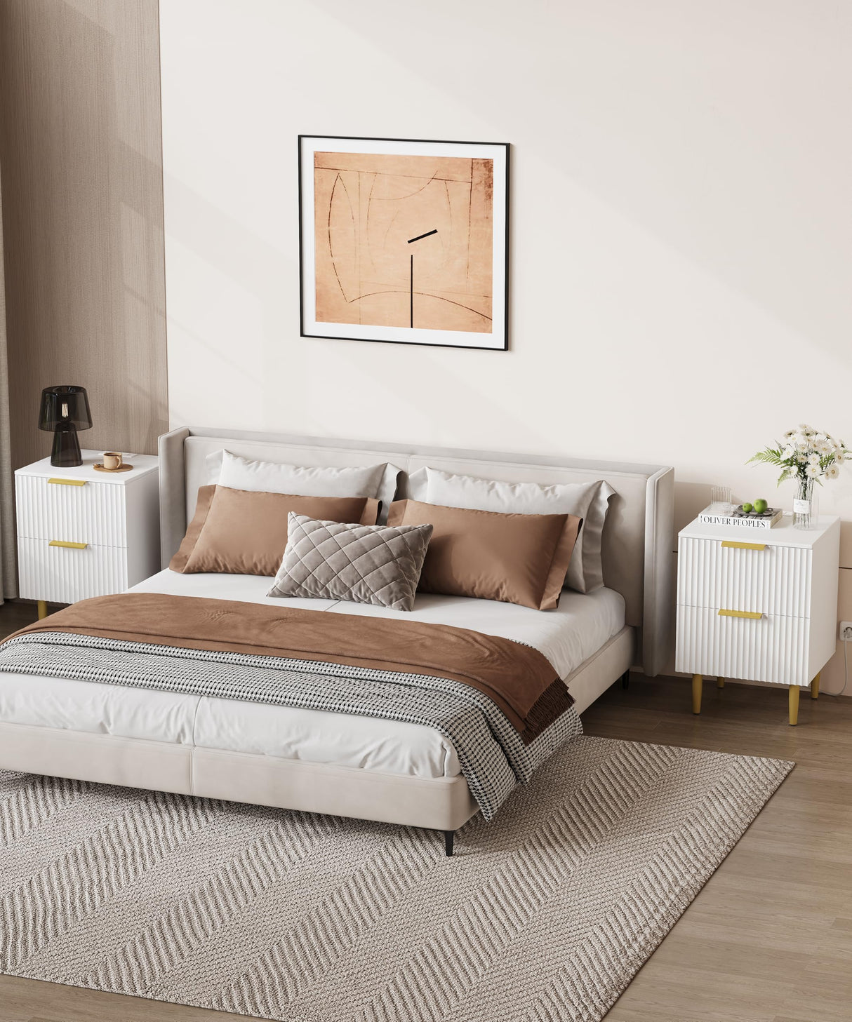 Akxomel White Nightstand Set of 2, Fluted Night Stand with Charging Station, 13.8" D x 15" W x 23.2" H, 2 Drawers Modern Bedside Table with USB Ports and Outlets, Golden Side Table for Bedroom Akxomel