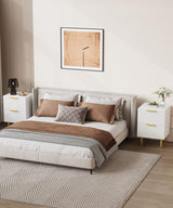 Akxomel White Nightstand Set of 2, Fluted Night Stand with Charging Station, 13.8" D x 15" W x 23.2" H, 2 Drawers Modern Bedside Table with USB Ports and Outlets, Golden Side Table for Bedroom Akxomel