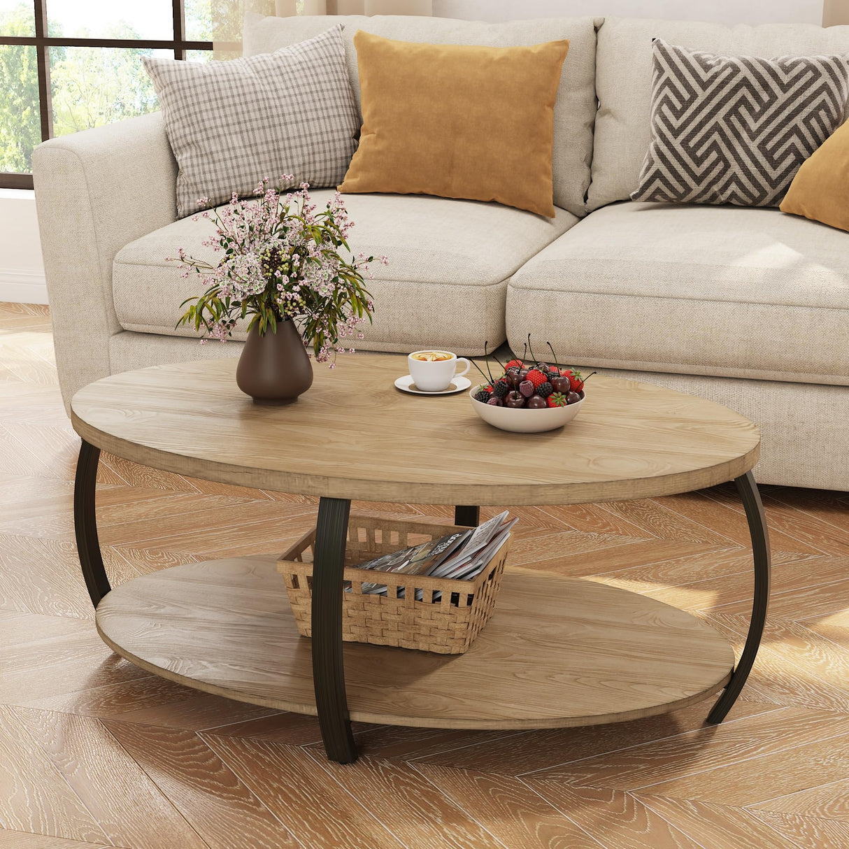 Wood Oval Coffee Table with 2 Tier Storage Shelf, 43 inch Solid Wood Center Table Rustic Accent Sofa Table with Natual Pine Wood Top & Black Curved Metal Legs for Living Room Home Decor Ripros