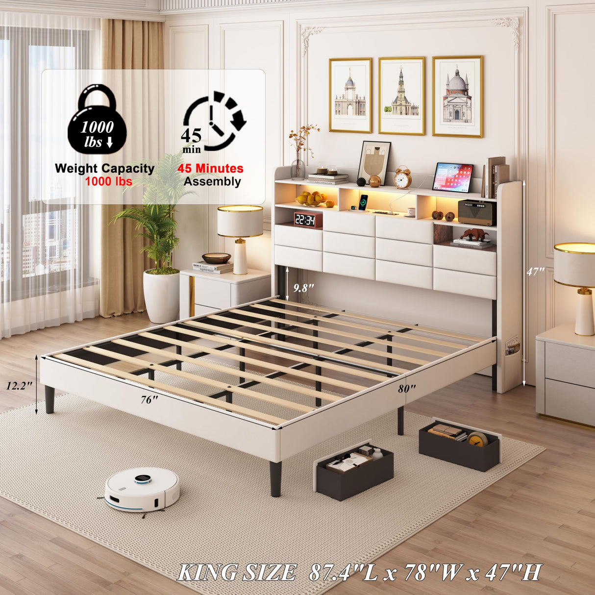 Etditrnp LED Bed Frame King Size with Storage Headboard, 2 Hidden Drawers and Charging Station, Velvet Bed Frames with Led Lights, Wooden Slats Support, Easy Assembly, No Box Spring Needed, Beige Etditrnp