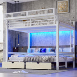 Bellemave Queen Over Queen Bunk Bed Frame with Storage Shelves & Drawers, Metal Bunk Bed Queen Over Queen with Charging Station & LED Lights, Space Saving Beds Frame Convertible to Sofa Design, White Bellemave