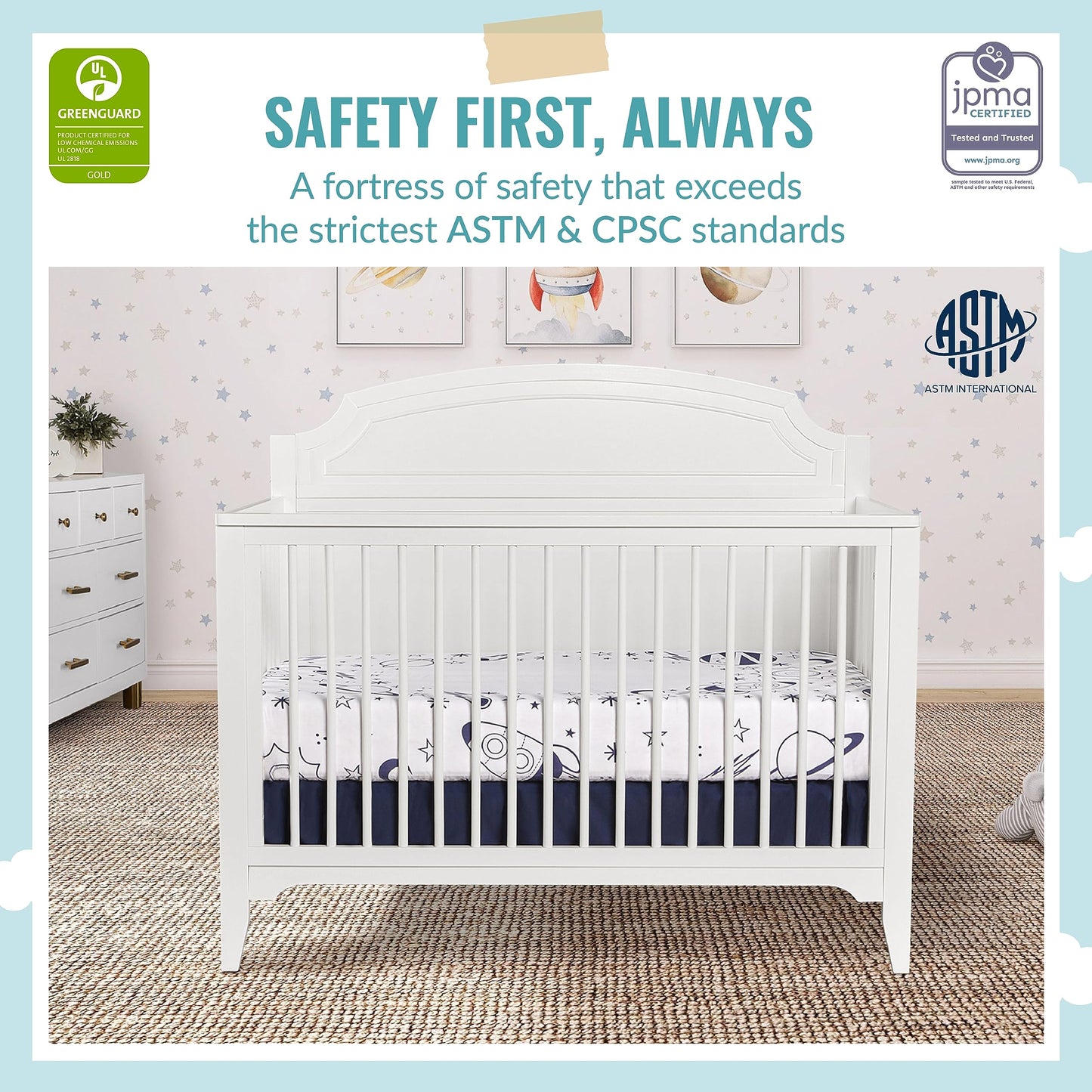 Dream On Me JPMA & Greenguard Gold Certified Milton 5-in-1 Convertible Crib Made with Sustainable New Zealand Pinewood in White, Non-Toxic Finish