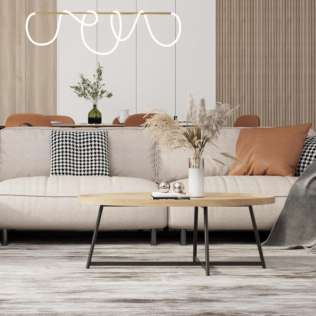 Modern Coffee Table, Oval Wood Coffe Table Center Table with Metal Leg for Living Room, 47 Inch Coffee Tables Accent Furniture (Oval Coffee Table, Nature) THRONKENGER