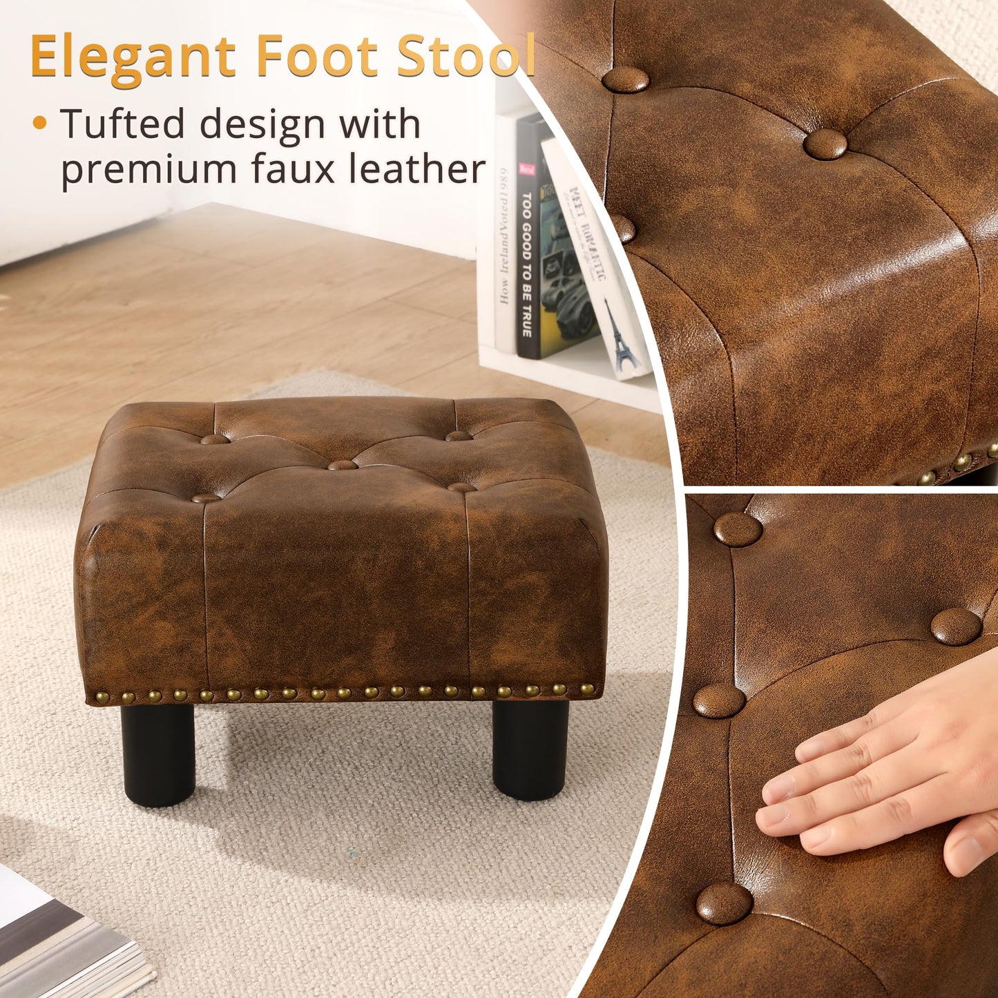 LUE BONA Small Tufted Foot Stool, Yellowish Brown Rivet Faux Leather Footrest with Plastic Legs, 9''H, Rectangle Foot Stools for Adult with Non-Slip Pads, Sofa Footstool for Living Room, Couch