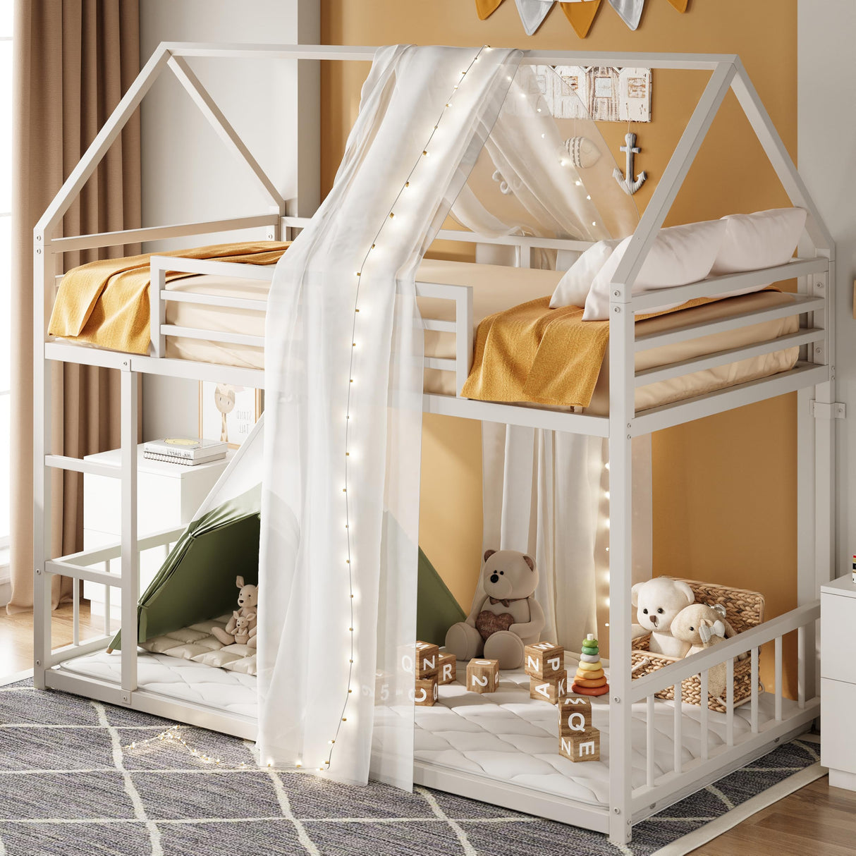 LIKIMIO Bunk Bed Twin Over Twin, House Bunk Bed Frame with Ladder and Guardrail, House Shaped with Metal Slats for Dormitory and Bedroom, Space Saving, No Box Spring Needed, White LIKIMIO