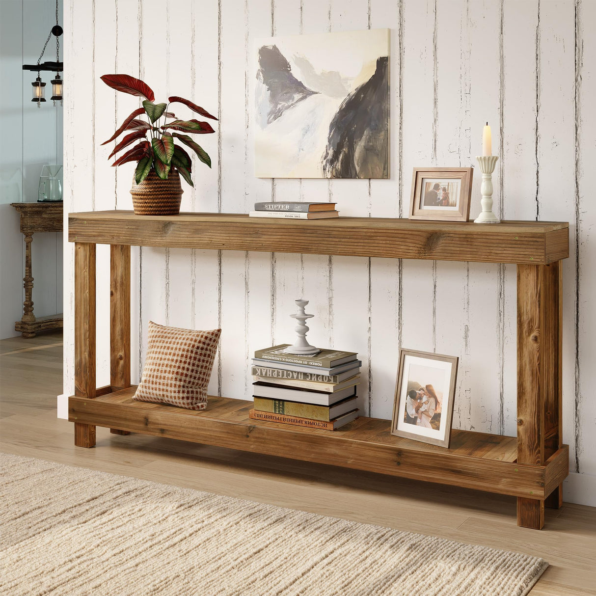 COSHOMER Rustic Farmhouse Console Table with 2 Tiers - Distressed Reclaimed Wood Entryway Sofa Table, Narrow Long Behind Couch Table for Living Room & Bedroom,60x30x10 Inch,Natural Wood(Oak) COSHOMER