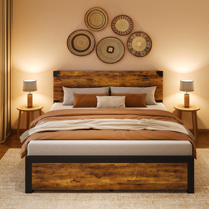 IDEALHOUSE Rustic Brown Queen Bed Frame with 4 Storage Drawers and Wooden Headboard - WoodArtSupply