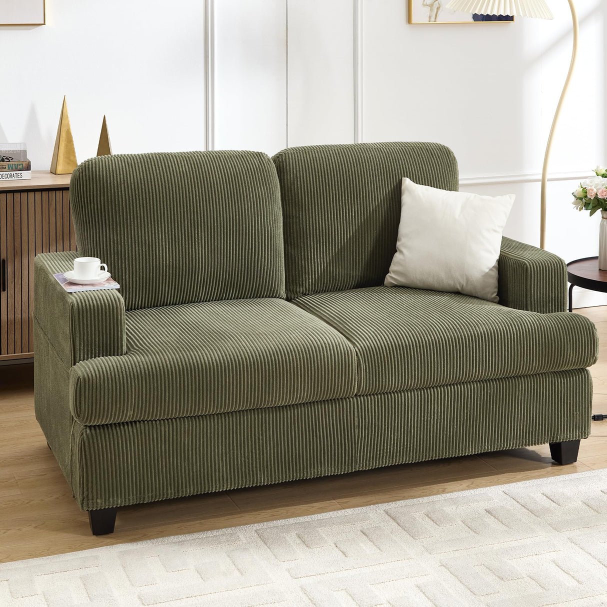 HOMYKA Loveseat Sofa, 60" Corduroy Couch with Side Pocket, Removable Pillow and Cushion Cover 2 seat Couches, Comfy Modern Small Couch for Living Room, Small Spaces, Dorms, Office, Green HOMYKA