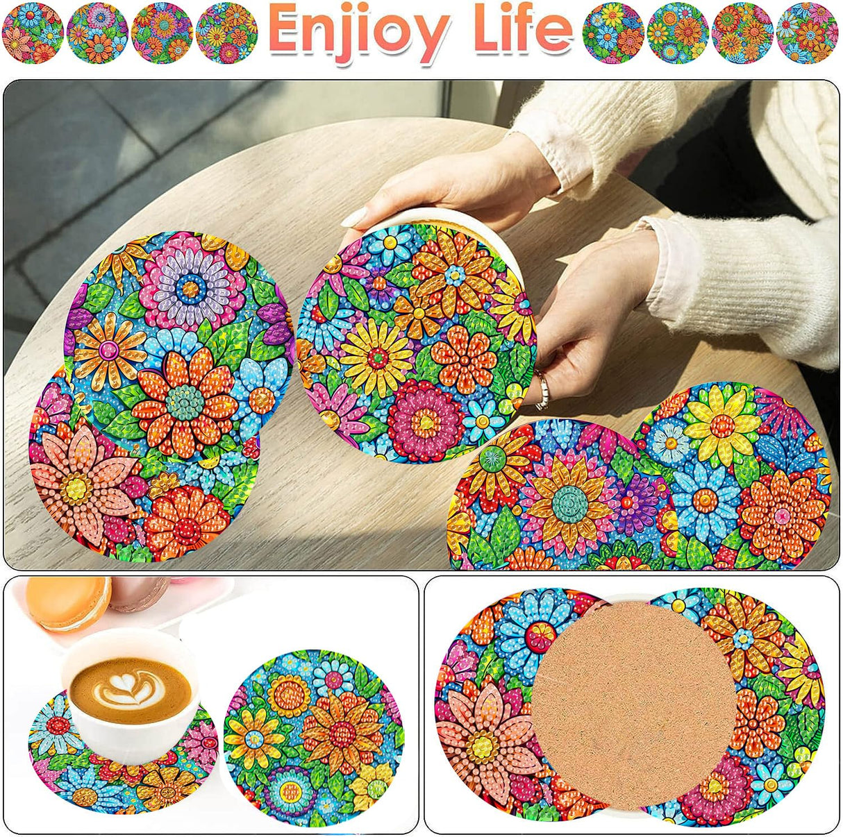 ijbnhd 8 Pcs Flowers Diamond Art Coasters with Holder-DIY Flowers Diamond Painting Coasters 5D Diamond Art Coaster with Cork Pads for Adults for Holiday Gift ijbnhd