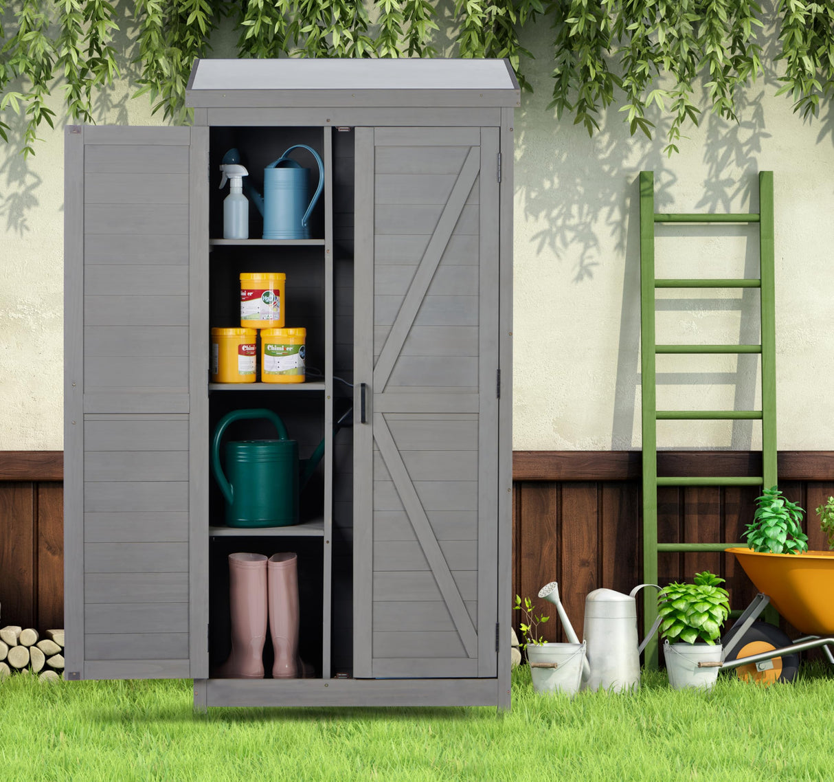 68''x33''x20'' Outdoor Wooden Storage Shed with Metal Top Tall Vertical Tool Cabinet for Backyard Garden Patio Lawn (Grey) Mederlo