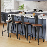 Alunaune 26" Swivel Metal Bar Stools Set of 4 High Back Counter Height Barstools Industrial Dining Bar Chairs with Large Wooden Seat-Matte Black Alunaune