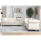 80" 2 Piece 3-Seater Velvet Chesterfield Sofa for Living Room,Combination Sofa with 4 Pillows,Button Tufted Trimming Curved Backrest Rolled Arms with Black Legs (Beige, 80" 3+3 Seat Velvet Sofa Sets) eluvatery