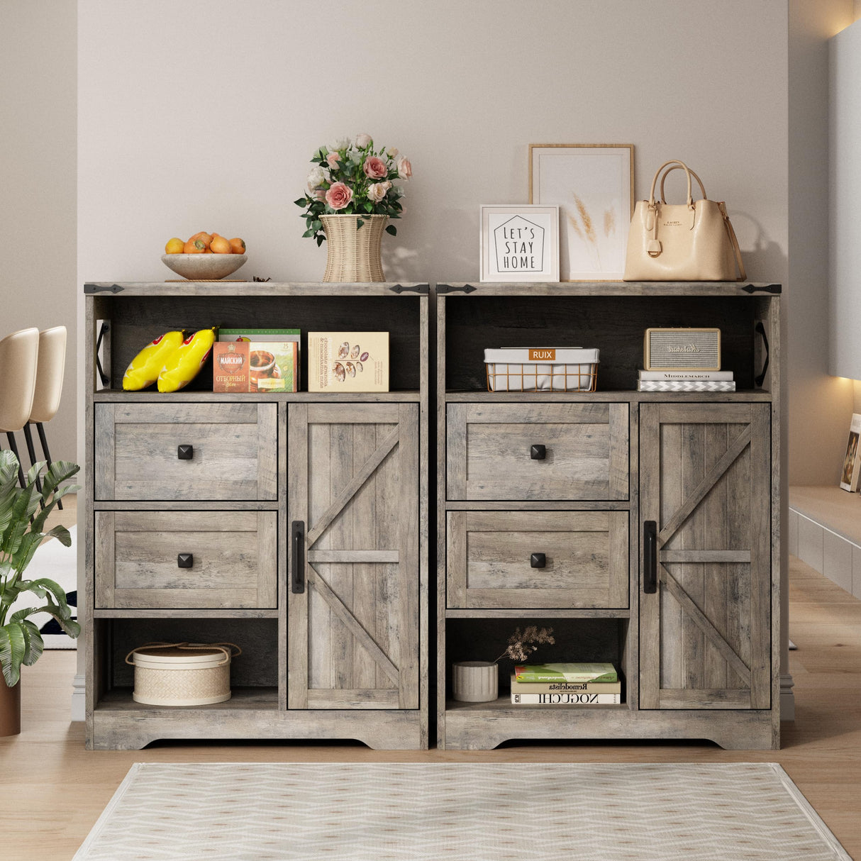 Fameill Farmhouse Storage Cabinet with 2 Drawers&Shelves,Freestanding Storage Cabinet with Doors&Open Storage,Floor Storage Cabinet for Living Room,Bathroom,Kitchen,Laundry,Grey Fameill