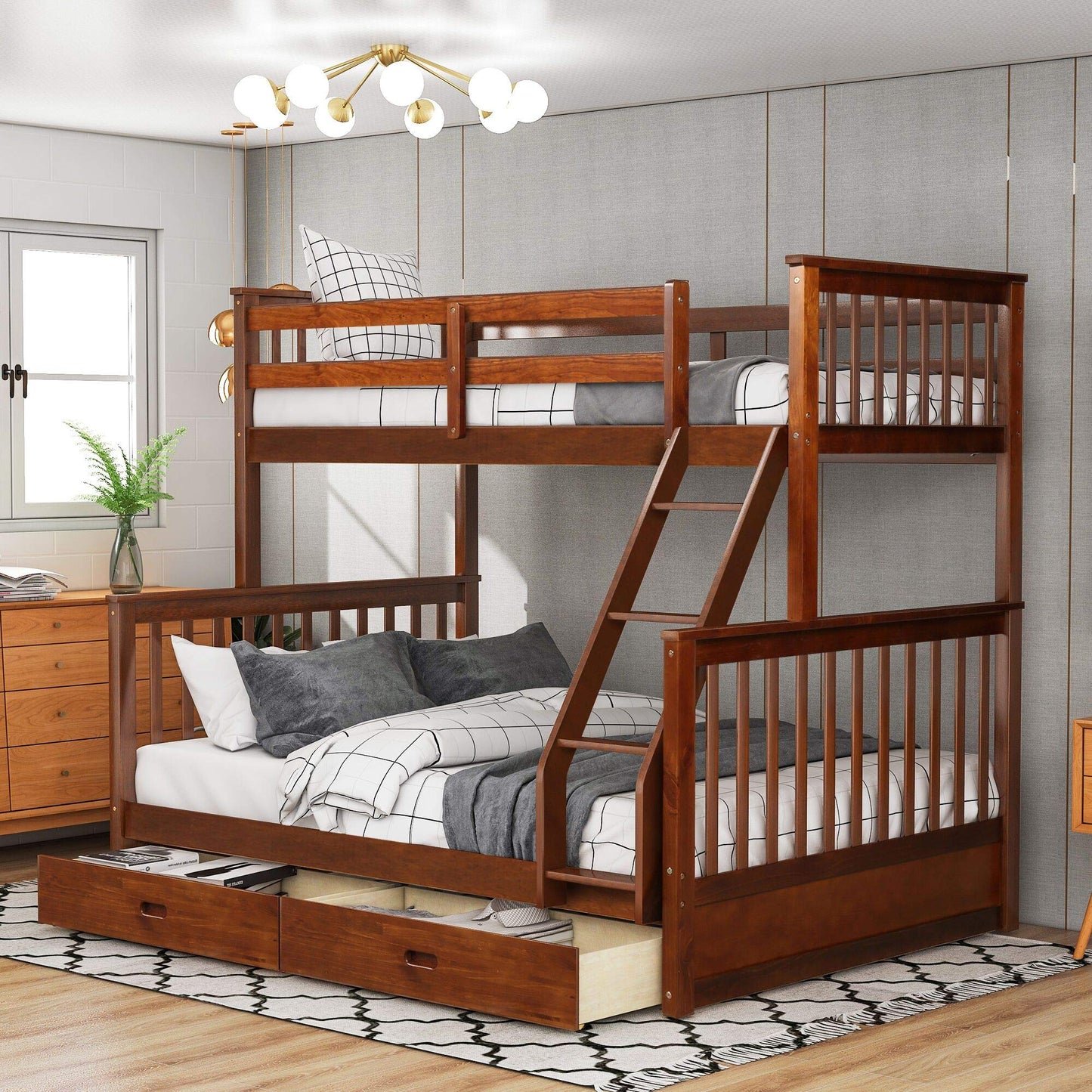 MERITLINE Walnut Twin Over Full Bunk Bed with Storage Drawers - Safe, Stylish, and Space-Saving for Kids and Teens - WoodArtSupply