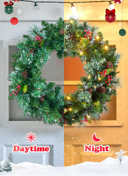 Pre-Lit Artificial Christmas Wreath for Front Door, Green, 50 LED Lights, Decorated with Pine Cones, Red Berry Clusters, Frosted Branches, Hari Leaves, Christmas Collection, 24 Inches