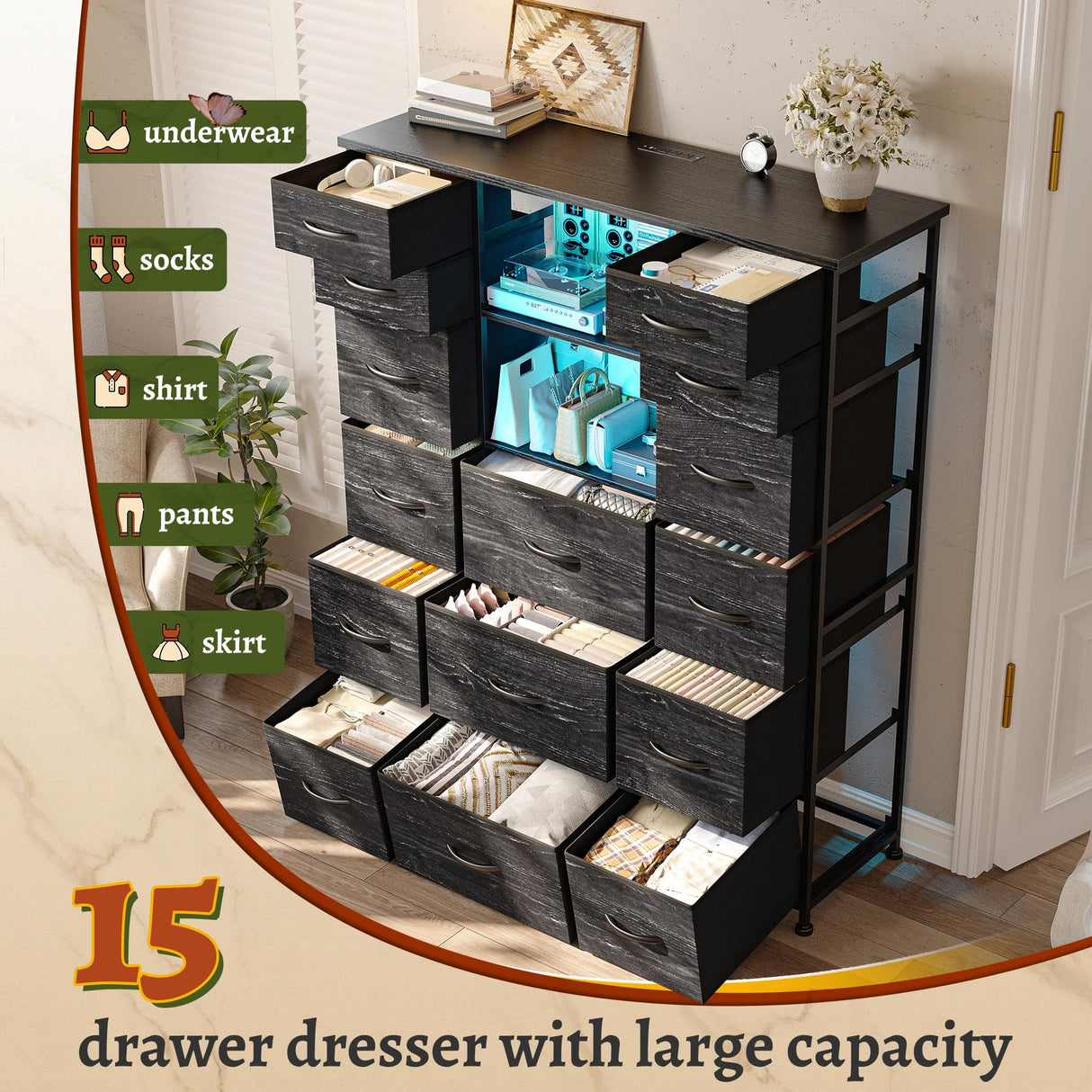 EnHomee 51" H Tall Dresser with 15 Drawers Dresser for Bedroom with Charging Station & LED Lights & Hutch Sturdy Black Bedroom Dressers, Steel Frame, Wood Top, 51.2" H x 39.3" W x 11.8" D EnHomee
