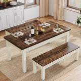 Tribesigns 3 Pieces Dining Table Set with 2 Benches, 55-Inch Wood Kitchen Table Set for 4-6, Farmhouse Space-Saving Dinette for Kitchen, Dining Room (Brown&White) Tribesigns