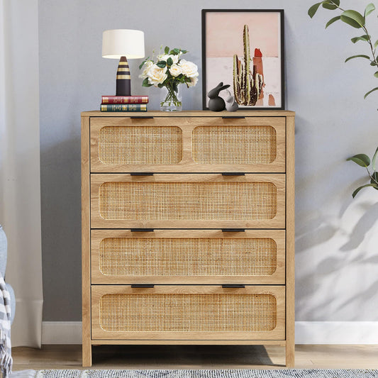 LEVNARY 4 Drawer Dresser for Bedroom, Rattan Dresser Drawers Storage Cane Cabinet, Wooden Chest of Drawers for Bedroom, Entryway, Living Room (1, Natural) - WoodArtSupply