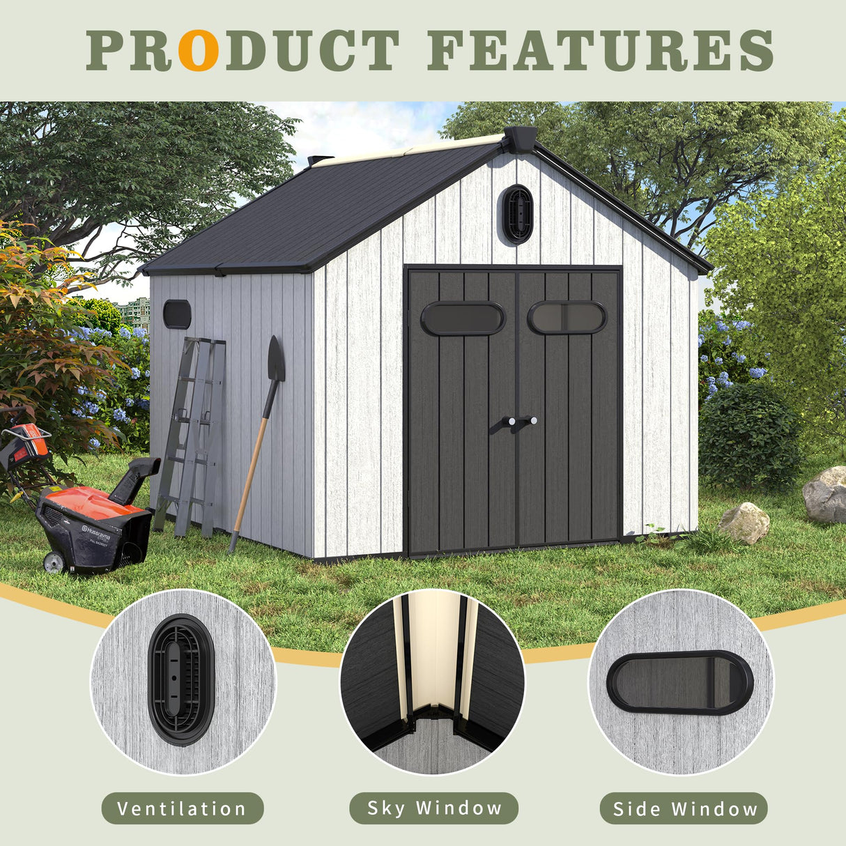 UDPATIO 8x10 FT Outdoor Storage Shed, Resin Plastic Shed with Floor Air Vents Side Windows Skylights Lockable Doors, Backyard Patio Garden, Grey UDPATIO