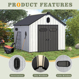 UDPATIO 8x10 FT Outdoor Storage Shed, Resin Plastic Shed with Floor Air Vents Side Windows Skylights Lockable Doors, Backyard Patio Garden, Grey UDPATIO