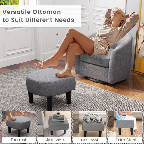 KOMFOTT Swivel Barrel Chair with Ottoman, Upholstered Armchair with Footrest, Removable Seat Cushion, Linen Fabric Club Reading Sofa Chairs, Modern Accent Chair for Living Room, Bedroom, Grey KOMFOTT