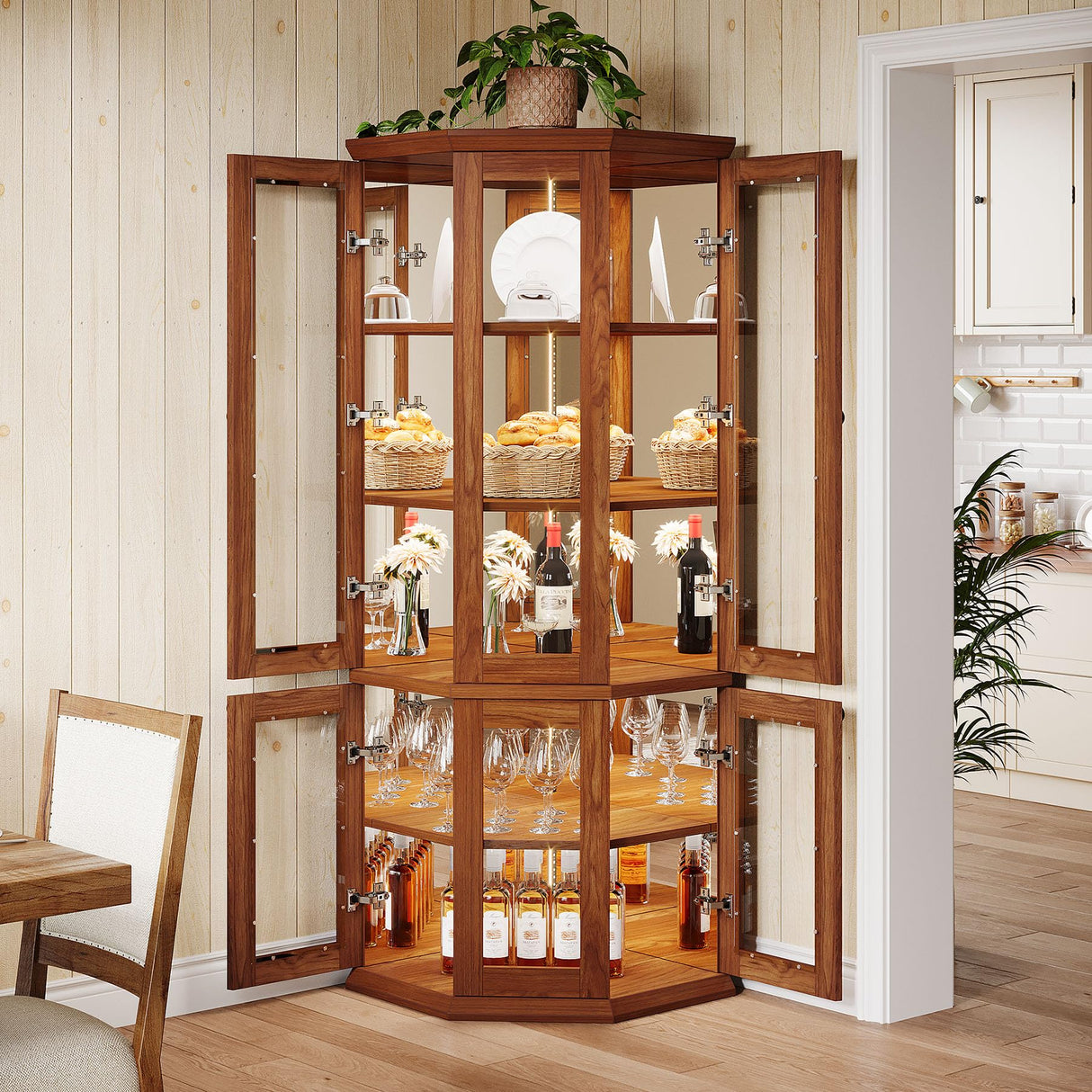 Tribesigns 70.87-Inch Corner Bar Cabinet, Tall Modern Corner Wine Cabinet with Doors & LED Lights, 5-Tier Home Bar Liquor Cabinet for Dining Room, Living Room, Kitchen, Rusitc Brown Tribesigns