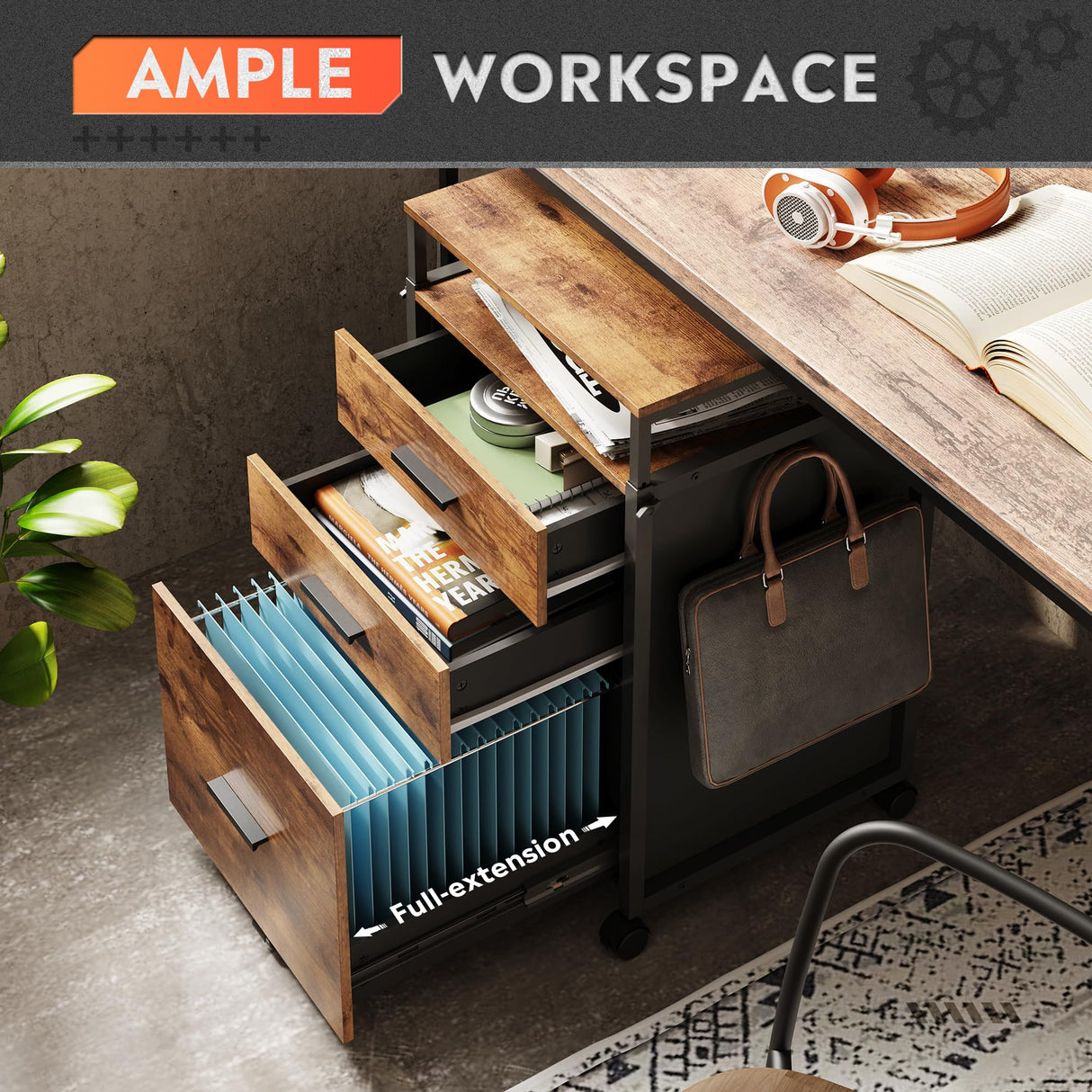 DEVAISE File Cabinet with Storage Drawers, Rolling Printer Stand with Adjustable Shelves, Wood Filing Cabinet for Home Office, Rustic Brown DEVAISE