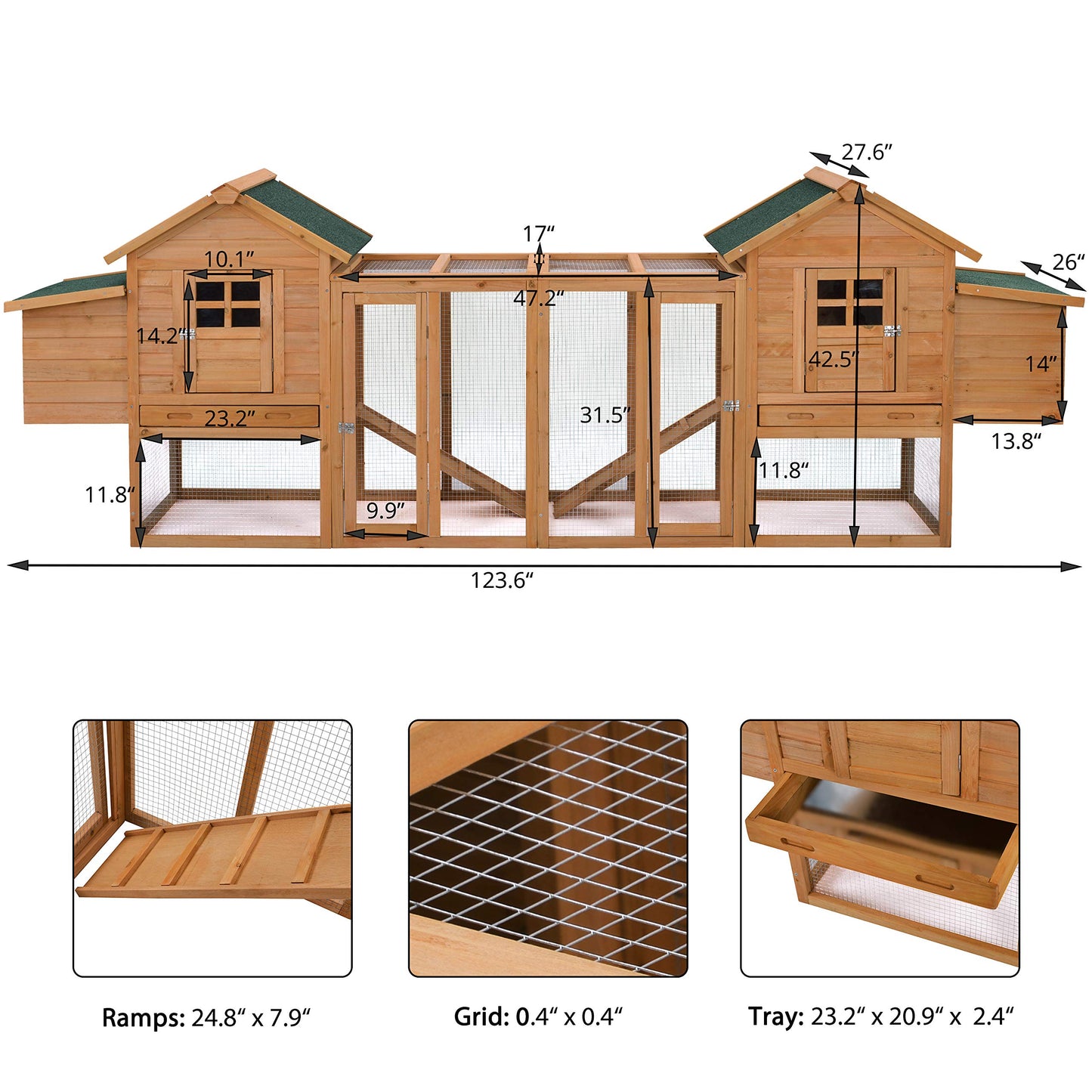 123.6" Chicken Coop Hen House with Nesting Boxes Wooden Small Animal Cage for Chicks Outdoor Rabbit Hutch Bunny Cage with 2 Run Play Area, Ramps, Waterproof Roof & Pull Out Tray Auburn