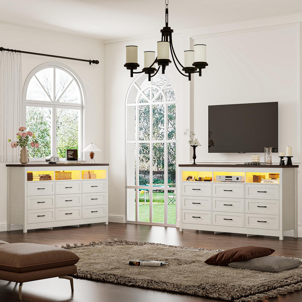 Hlivelood Farmhouse 9 Drawer Dresser with LED Lights, 63" Wide Large Chest of Drawers for Bedroom, Modern Wood Dresser Storage Organizer with Charging Station for Living Room, Bedroom, Rustic White Hlivelood