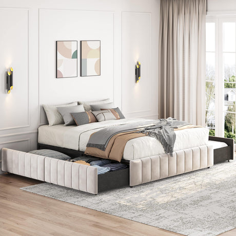 Yaheetech Upholstered Queen Bed Frame with 4 Storage Drawers and Modern Design Yaheetech