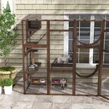 PawHut Catio Playground Cat Window Box Outside Enclosure, Outdoor Cat House with Weather Protection Roof for Multiple Kitties, Wooden Frame, Shelves & Bridges, 118" x 37.5" x 74", Coffee Brown PawHut