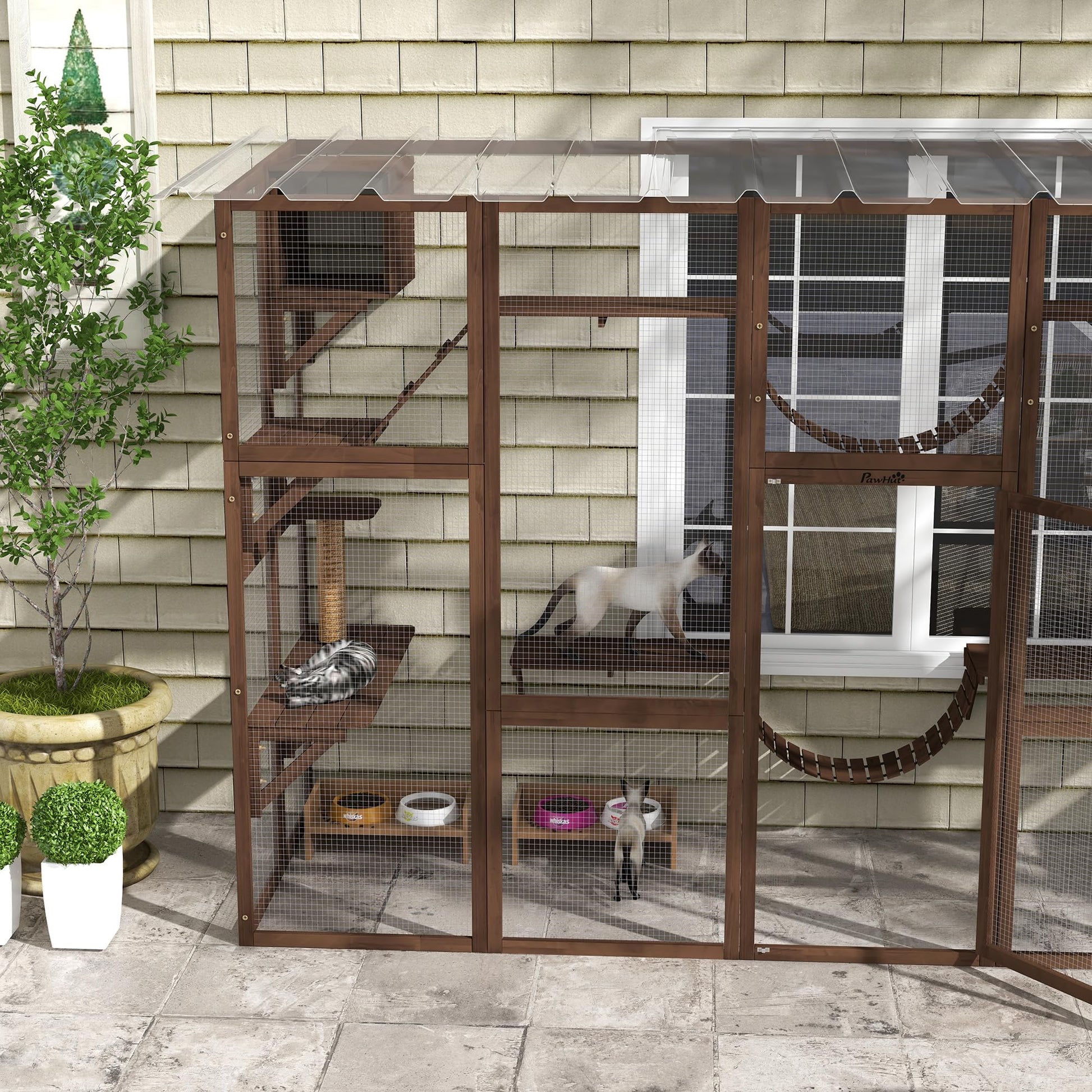 PawHut Catio Playground Cat Window Box Outside Enclosure, Outdoor Cat House with Weather Protection Roof for Multiple Kitties, Wooden Frame, Shelves & Bridges, 118" x 37.5" x 74", Coffee Brow - WoodArtSupply