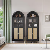 BELLEZE Set of 2 Storage Cabinet with Reeded Glass Doors, Arched Bookcase Decorated with Rattan Door, 65 Inch Freestanding Curio Cabinet for Home Living Room and Kitchen, Black BELLEZE