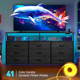 EnHomee 55" W Dresser TV Stand with Power Outlet & Lights for 65" TV, Dresser for Bedroom with 9 Fabric Drawers, TV Stand for Bedroom Dressers Console Table 55''W*11.8''*35.5'', Charcoal Black EnHomee