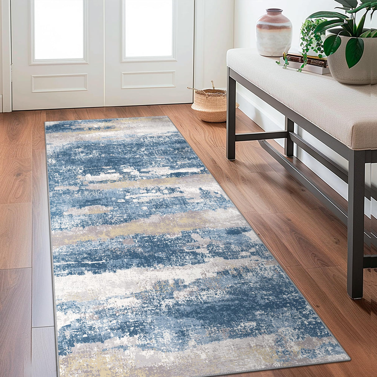 BEIMO Runner Rug for Hallway Kitchen 2x6 Machine Washable Runners Rug for Entryway, Blue Cream Soft Modern Abstract Throw Rugs, Floor Carpet with Non Slip Rubber Backing BEIMO