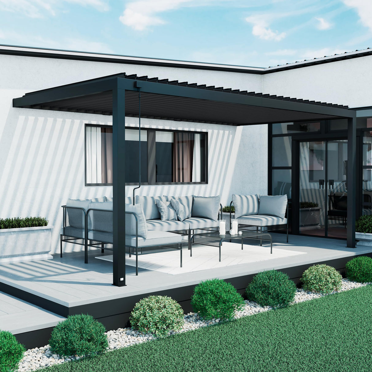 Backyard Discovery Evanston 18'x10' Galvanized Steel Wall-Mounted Louvered Pergola Kit with Adjustable Roof, Shade, Rain Protection, High-Wind Rating, PowerPort, Gutter System for Outdoor Patio, Deck Backyard Discovery