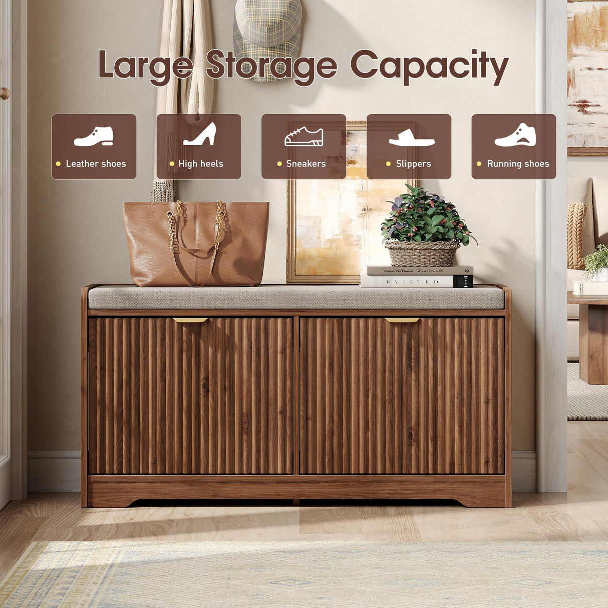 Maupvit Fluted Shoe Bench with Storage, Narrow Wooden Entryway Bench with Removable Cushion & 2 Flip-Drawers, Shoe Cabinet Bench, Farmhouse Boho Shoe Rack for Entrance, Hallway, Living Room (Walnut) Maupvit