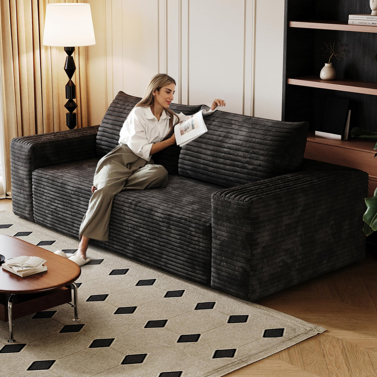 63" Cloud Loveseat Sofa in a Box for Living Room, Corduroy 2-Seater Boneless Couch 2 Throw Pillows, Modern Sponge Double Sofas with Deep Seat for Small Spaces, No Assembly Required (Black, 63 inch) KavlSean