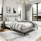 Queen Size Platform Bed Frame with Upholstered Headboard, Wooden Slats Support, Noise Free, No Box Spring Needed, Easy Assembly, Light Grey, Linen Sismplly