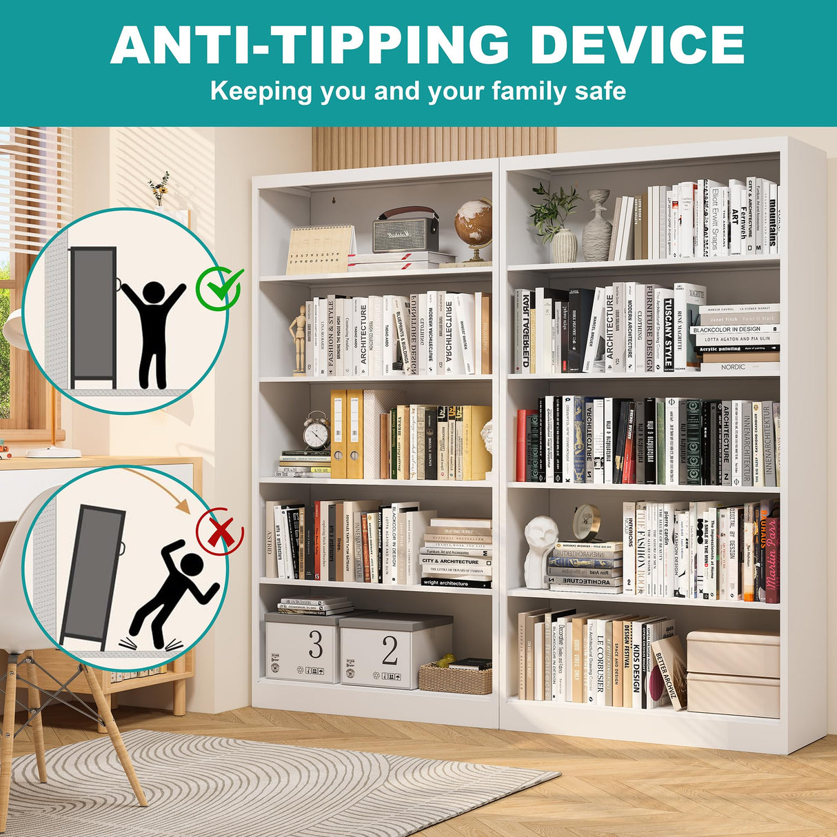 RpAosd 66" Tall Bookcase, 14" Deep 5-Tier Bookshelf with Adjustable Shelves, White Metal Bookshelves with Large Capacity, Heavy Duty Book Shelf for Storage, Library Bookcase Home Office, School RpAosd