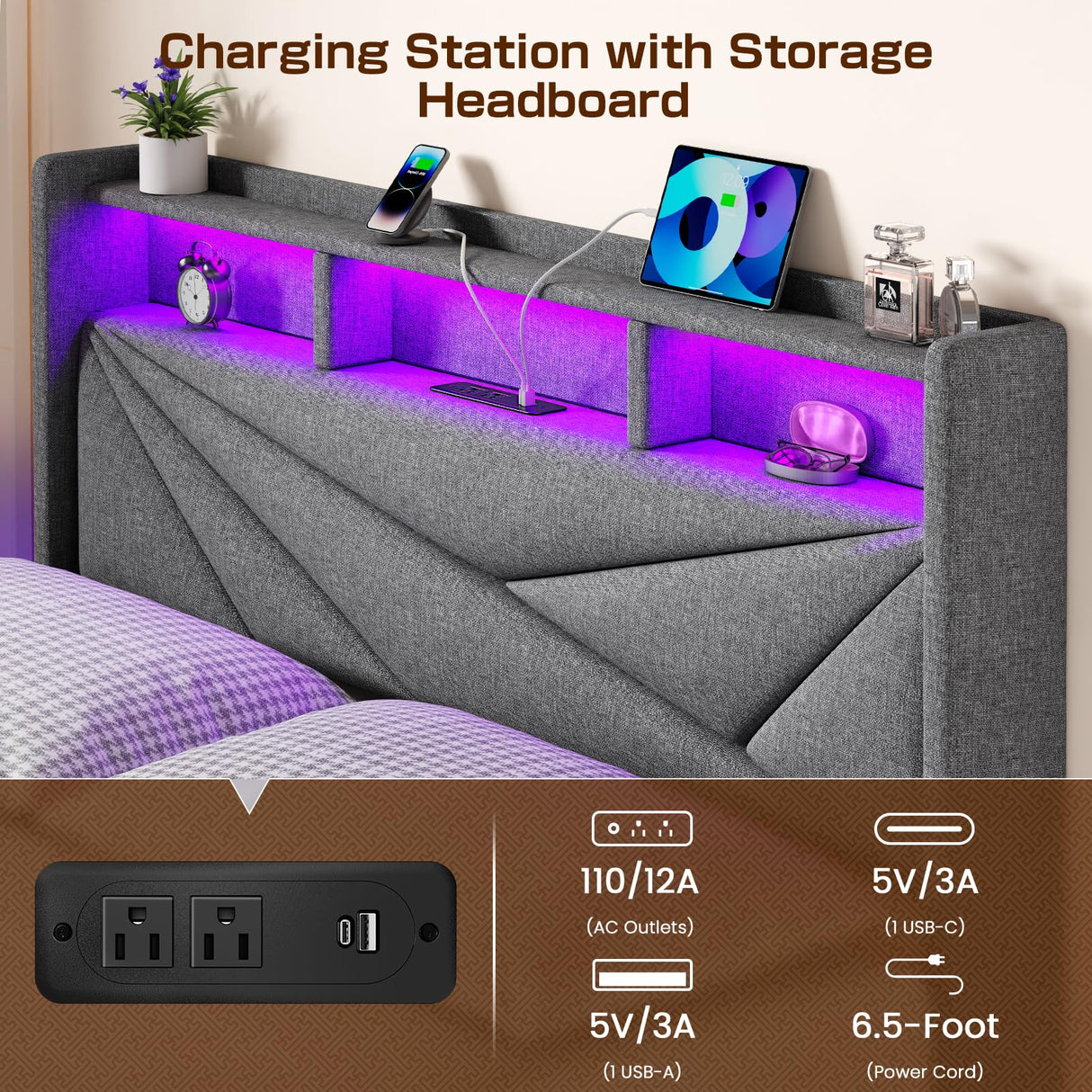 Driftalia King Size Upholstered Bed Frame with LED Lights and 4 Storage Drawers - Light Grey Driftalia