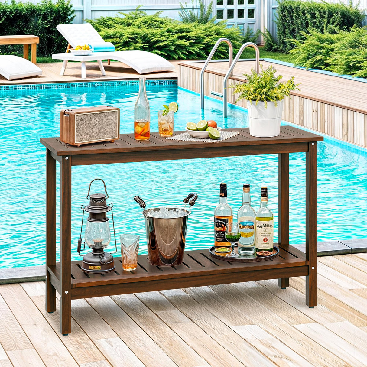SUPER DEAL All-Weather Patio Bar Table Entry Console Table, 2-Shelf 48 inch Solid Wood Indoor Outdoor Multifunctional Buffet Storage Organizer with Adjustable Feet, Espresso SUPER DEAL